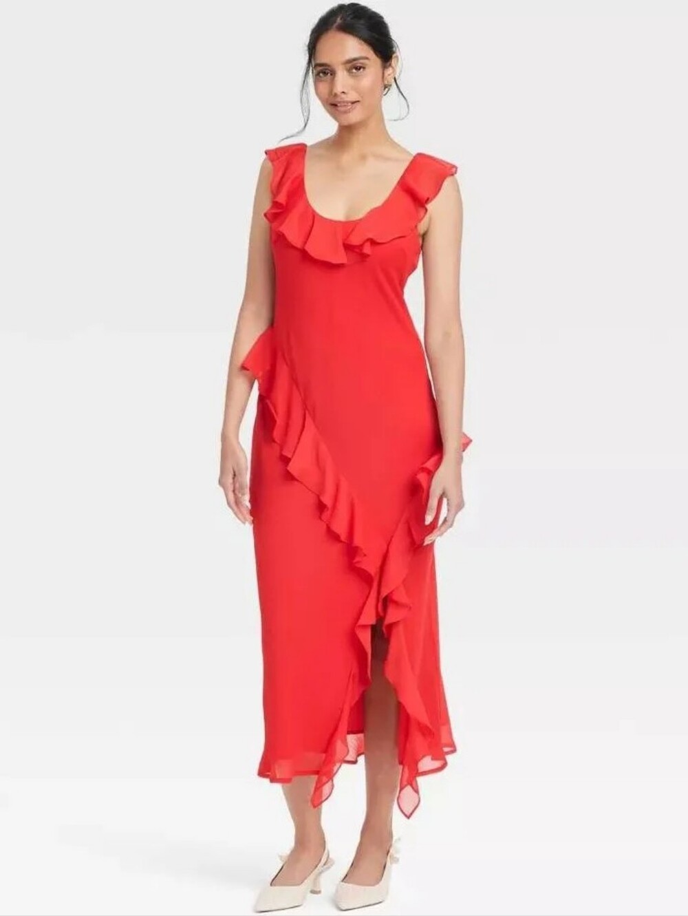 a new day Red Ruffle-Trim High-Low Midi Dress